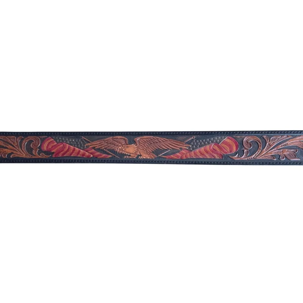 Silver Creek Classics Tooled Leather Eagle Flag Western Belt Black, Mens 42